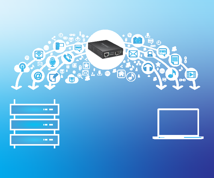 10GBASE-T to SFP+ Fiber Media Converter with network icons.