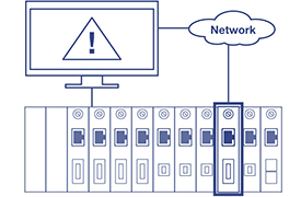 Abbildung eines Computermonitors mit einem Warnsymbol, der mit einem Netzwerk-Cloud-Shape über mehreren Server-Racks verbunden ist. Das Bild stellt verschiedene Benachrichtigungen über Netzwerkereignisse dar, einschließlich Starten, Herunterfahren, Änderungen des Verbindungsstatus, Authentifizierungsprobleme, Änderungen des Stromversorgungsstatus, Verbindungsänderungen und Aktualisierungen des Modulstatus.
