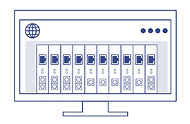 Eine stilisierte Illustration eines Computermonitors, auf dem eine Webbrowser-Oberfläche mit mehreren geöffneten Registerkarten angezeigt wird, die als Module gekennzeichnet sind. Jede Registerkarte verfügt über ein Symbol, und unter den Registerkarten befinden sich zusätzliche Symbole, die ebenfalls Module darstellen. Das Bild vermittelt das Konzept der Echtzeitüberwachung innerhalb eines digitalen Arbeitsplatzes und hebt Multitasking und browserbasierte Produktivitätstools hervor.