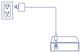 A line drawing showing a media converter connected to a power adapter, which is plugged into an electrical outlet. This illustration highlights that the media converter includes a power adapter for independent use.