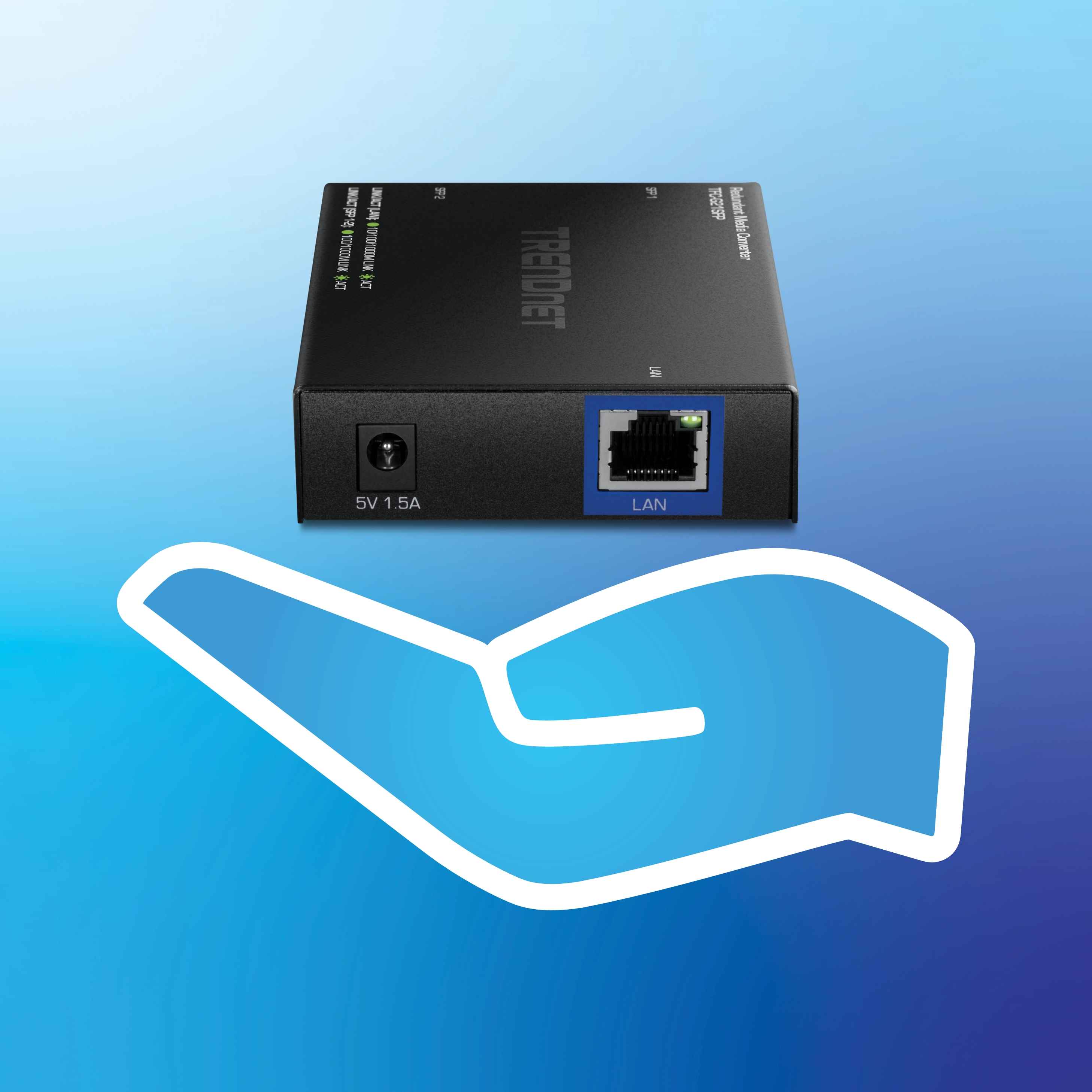 A compact black TRENDnet device with a LAN port and power input labeled 5V 1.5A is positioned against a gradient blue background with a white outline of a hand centered below it.