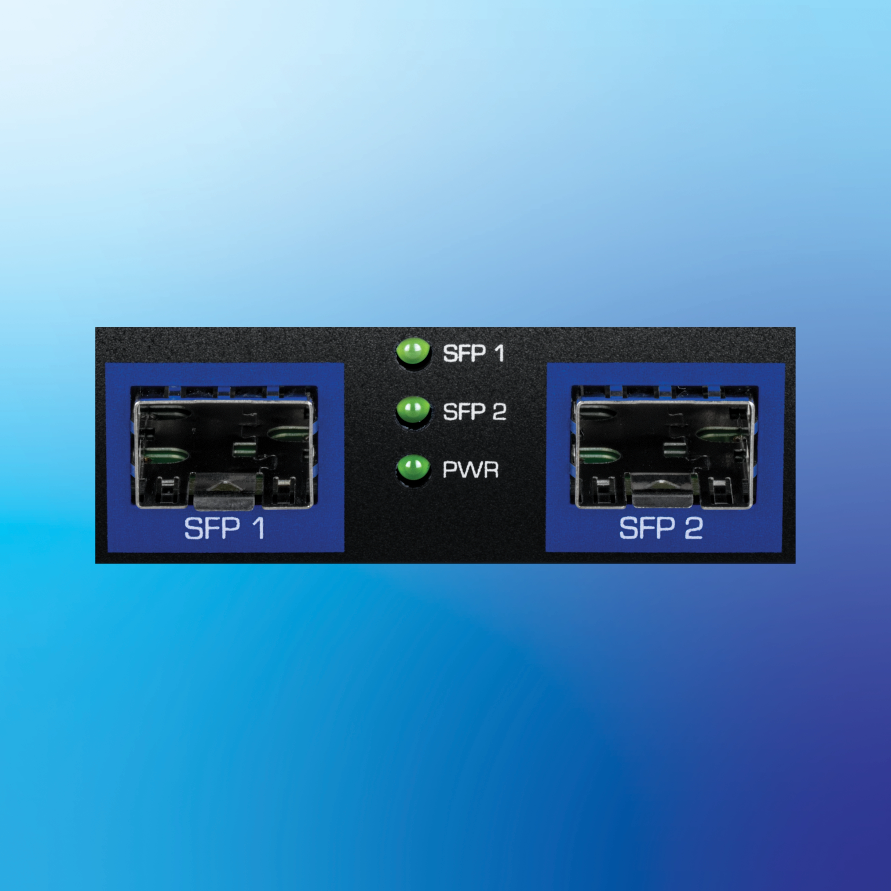 A compact black rectangular device with two SFP ports labeled SFP 1 and SFP 2, featuring three small green indicator lights positioned between the ports labeled SFP 1, SFP 2, and PWR against a smooth gradient background transitioning from light to dark blue.