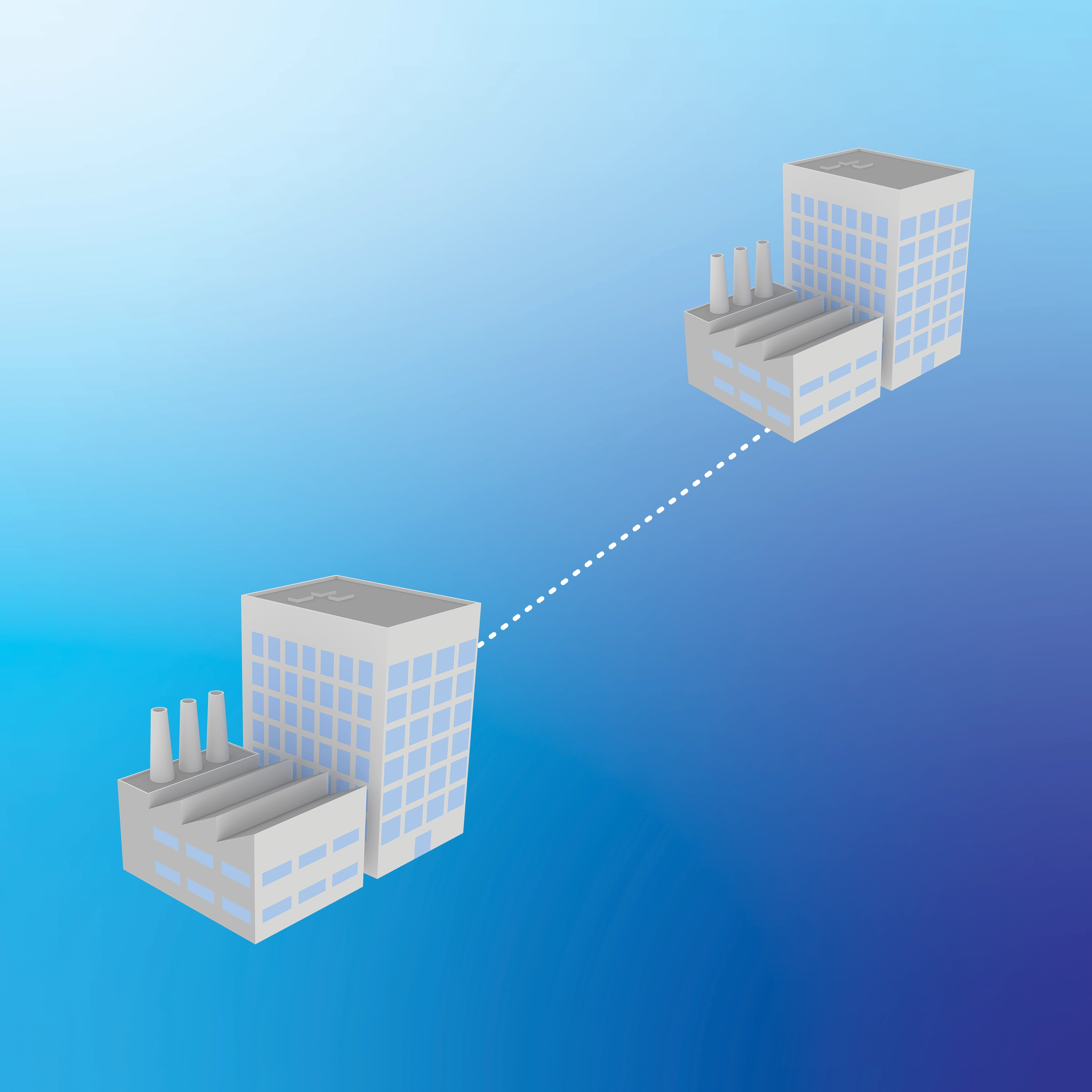 Deux bâtiments industriels avec des cheminées et de multiples fenêtres sont représentés sur un fond dégradé bleu. Une ligne pointillée relie les bâtiments, indiquant une communication ou une liaison de données entre eux.
