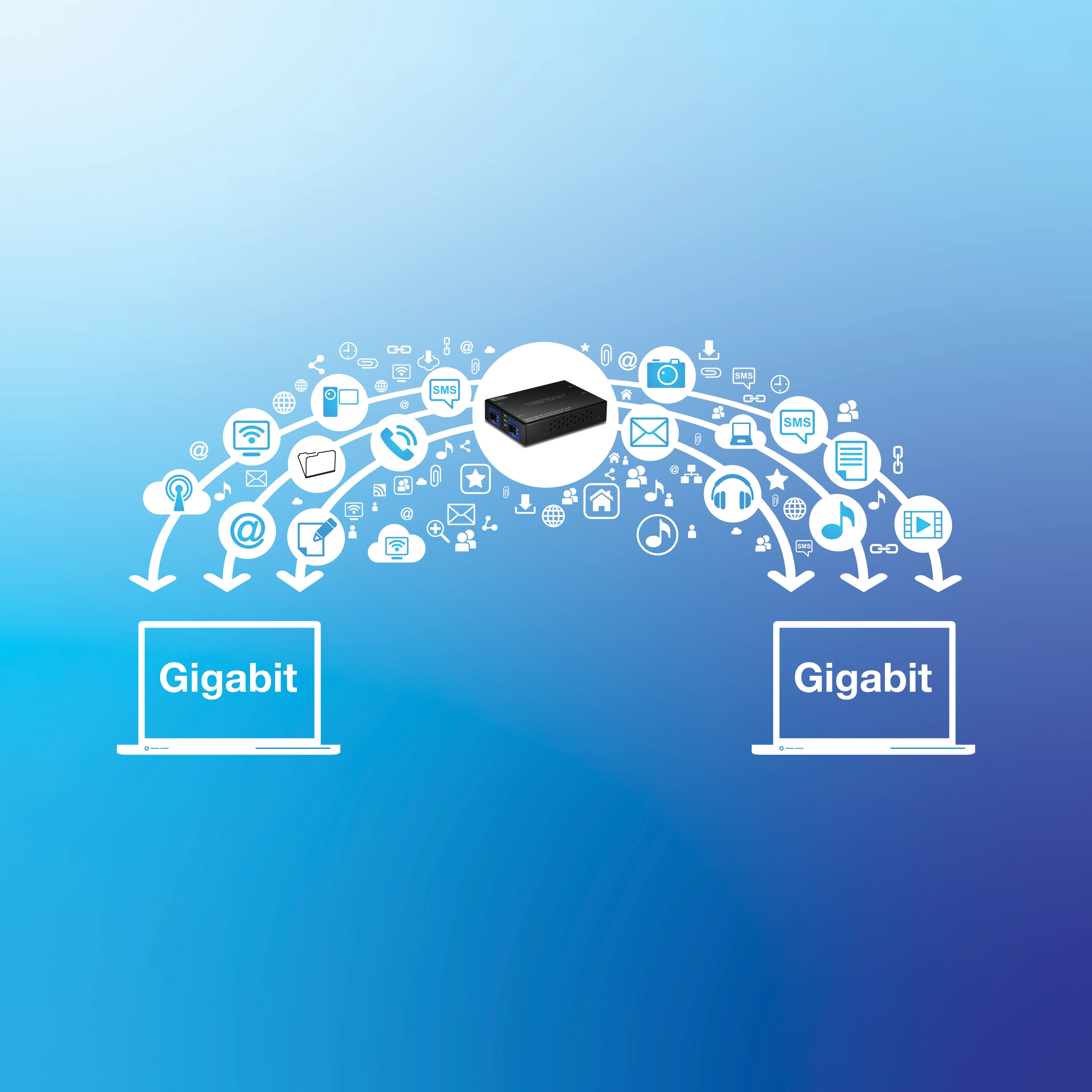 Un périphérique réseau central relie deux ordinateurs portables étiquetés Gigabit tandis que diverses icônes représentant le courrier électronique, la vidéo, le chat et le stockage en nuage circulent entre eux, illustrant la transmission rapide et sécurisée des données sur un fond bleu dégradé.