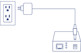 A line drawing showing a media converter connected to a power adapter, which is plugged into an electrical outlet. This illustration highlights that the media converter includes a power adapter for independent use.