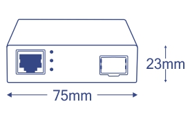 Vista frontal de uma caixa metálica compacta com portas Ethernet e retangulares. Dimensões: 75 mm de largura, 23 mm de altura.