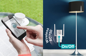 A person is using a smartphone to control a device, with a cup and saucer in the background. Next to the smartphone, there is a wireless AC750 device plugged into a wall outlet, with an on/off label and a floor lamp nearby.