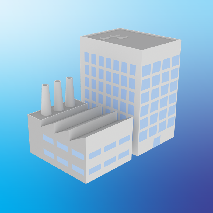 3D model of a factory building with large windows, representing industrial architecture.