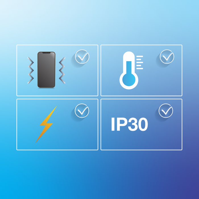icons of phone, temperature, lightning & IP30.