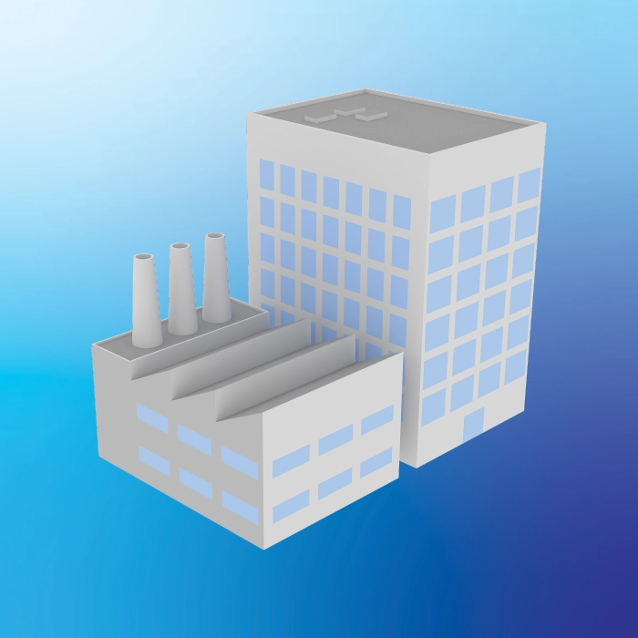 3D model of a factory building with large windows, representing industrial architecture.