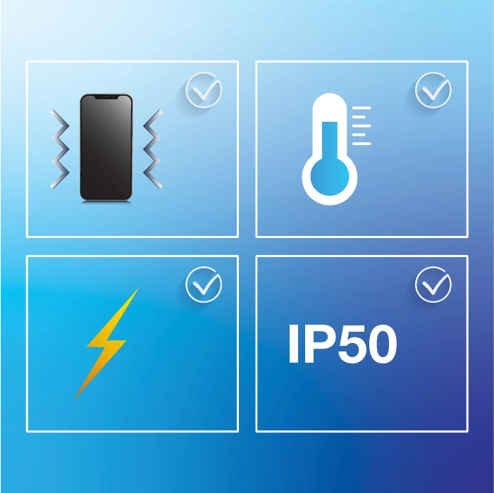 icons of phone, temperature, lightning & IP50.