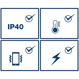 Graphic with four icons: vibration, temperature, shock, and IP40 rating.