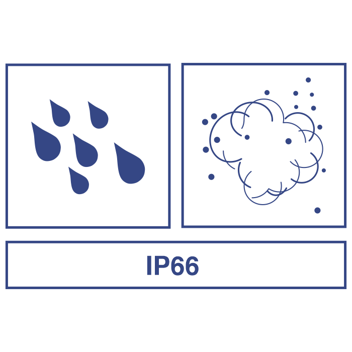 Gráfico con dos símbolos y una etiqueta que indica el grado de protección IP66. El primer símbolo representa la protección contra el polvo y el segundo símbolo indica la resistencia al agua. Debajo de los símbolos, IP66 se muestra en negrita, lo que significa protección contra partículas de polvo y agua.