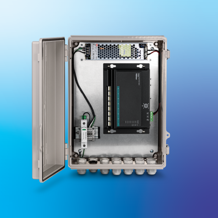 An open enclosure with a network device Inside.