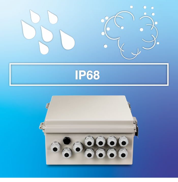 A closed enclosure with Water, Cloud & IP68 Icon.