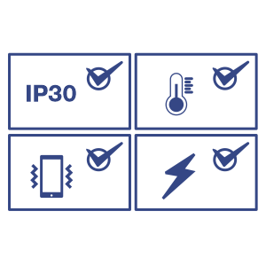 Four icons, each representing different features or protections, Device with Vibration Lines: indicates vibration or shock resistance, Thermometer: Signifies temperature resistance. Lightning Bolt: Represents electrical resistance or protection against electrical surges and Text “IP30”: Indicates a specific level of ingress protection (IP) rating against dust and water