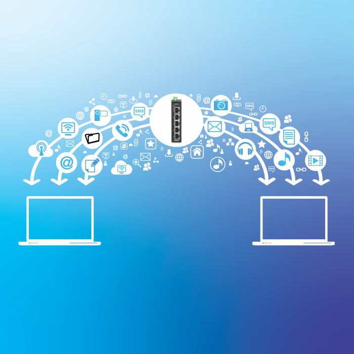 Dispositif réseau facilitant le transfert de données gigabit entre deux ordinateurs portables, avec des icônes représentant divers types de données telles que les e-mails, la musique et les vidéos.