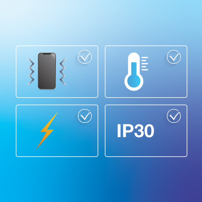 icônes de téléphone, température, éclairage et IP30.