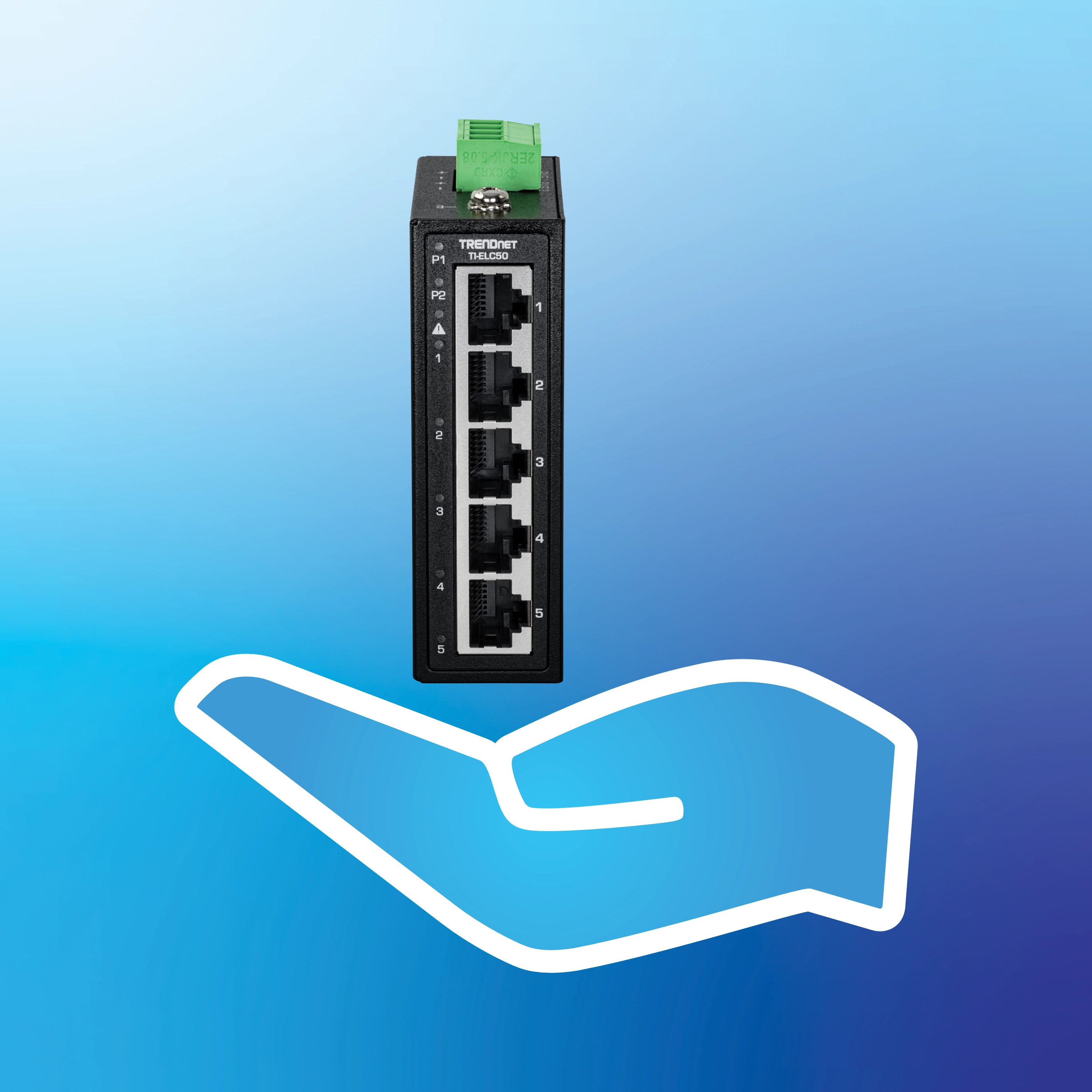 Network switch Ethernet ports and a green terminal block is shown above a stylized hand graphic, set against a blue gradient background to highlight its compact footprint and space-saving design.
