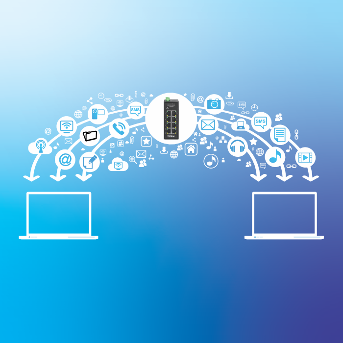 Network device facilitating gigabit data transfer between two laptops, with icons representing various data types like email, music, and video.