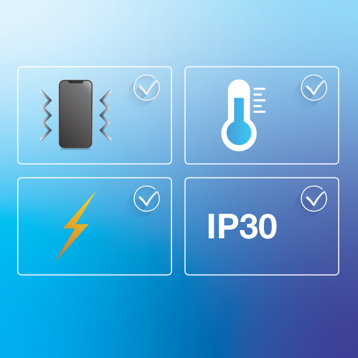 icons of phone, temperature, lightning & IP30.