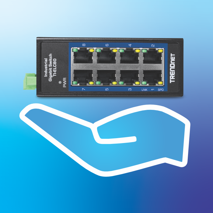 A hand emphasizing the small size of the 8-port Ethernet switch.