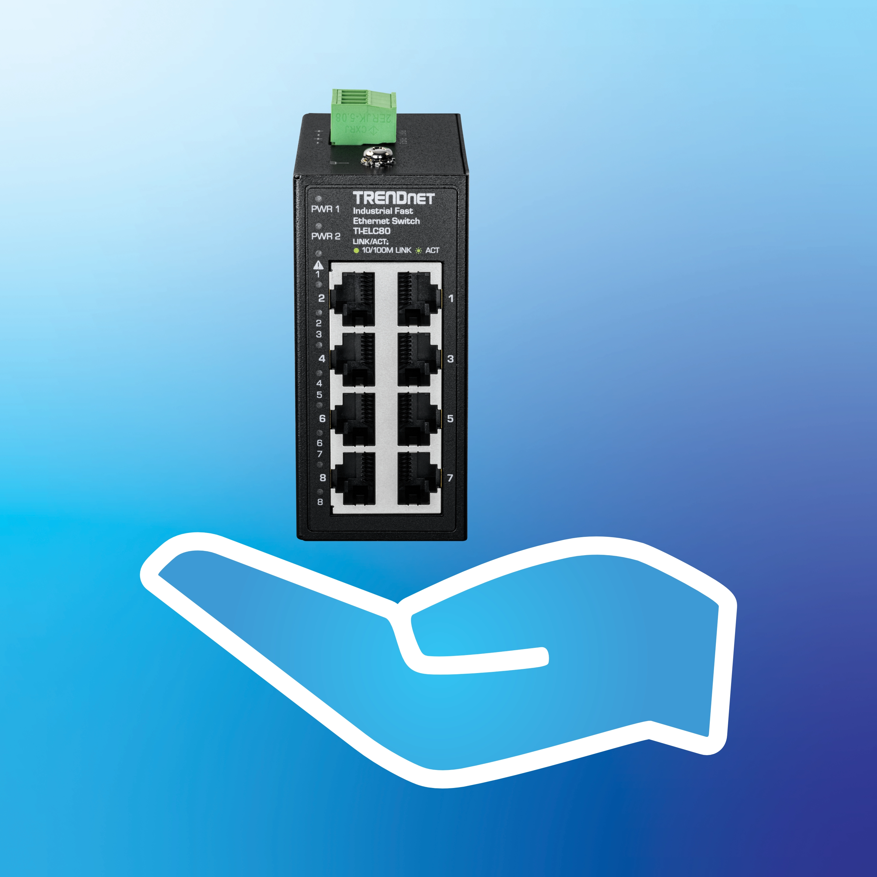 Network switch Ethernet ports and a green terminal block is shown above a stylized hand graphic, set against a blue gradient background to highlight its compact footprint and space-saving design.