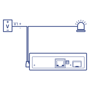 Diagrama esquemático de un convertidor de medios industrial endurecido 100/1000Base-T a SFP con una entrada de alimentación de 12-56 V CC, protección contra corriente de sobrecarga y un icono de una luz de alarma.