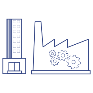 Ilustración vectorial estilizada de edificios industriales y maquinaria. Incluye un edificio alto y una fábrica con engranajes, que representan la fabricación y otras aplicaciones industriales.