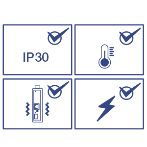 Gráfico con cuatro iconos: vibración, temperatura, choque y clasificación IP30.