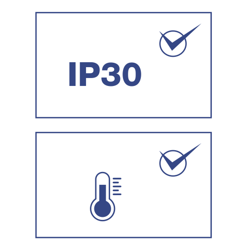 Dois ícones, representando diferentes características ou proteções. Texto “IP30”: Indica um nível específico de proteção de ingresso (IP) contra poeira e água. Termômetro: Significa resistência à temperatura.