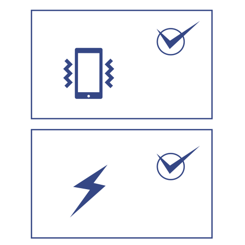 Dois ícones, representando diferentes características ou proteções. Dispositivo com Linhas de Vibração: indica resistência a vibrações ou choques. Raio: Representa resistência elétrica ou proteção contra surtos elétricos.