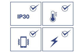 Graphic with four icons: vibration, temperature, shock, and IP30 rating.