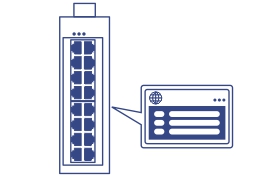 Line art of a Network switch with dashboard management speech bubble.
