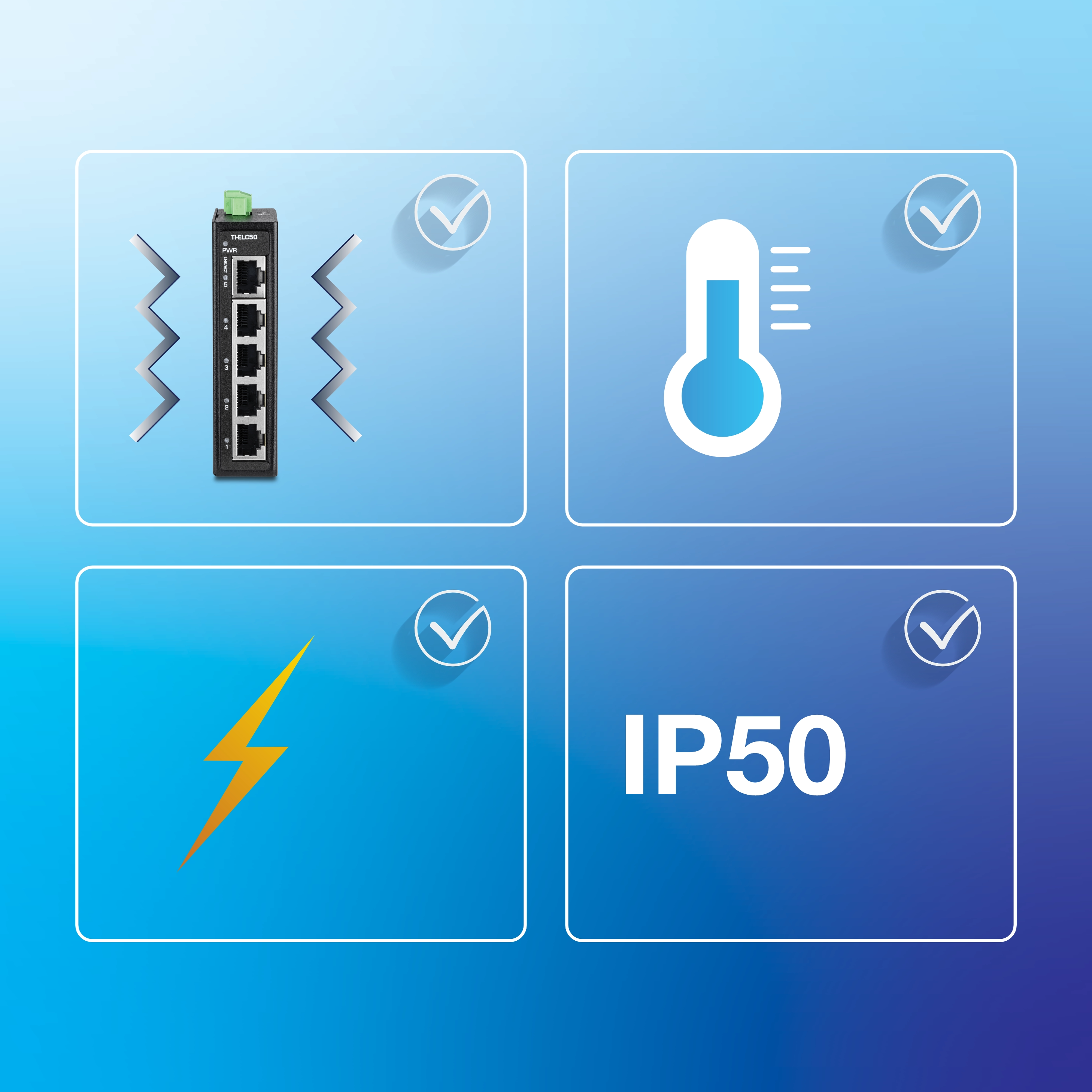 Vier Quadranten zeigen Gerätefunktionen mit Symbolen für Vibrationsfestigkeit, Temperaturtoleranz, elektrischen Schutz und IP50-Staubschutz an, die jeweils mit einem Häkchen gekennzeichnet sind, um die Konformität anzuzeigen.