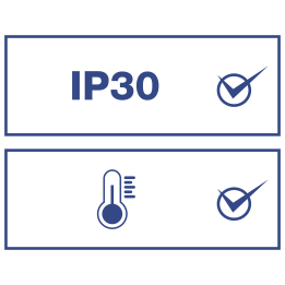 Graphic displaying two icons: temperature and IP30 rating.