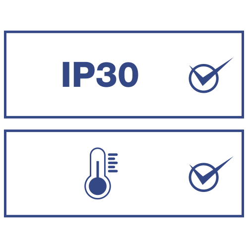 Two icons, representing different features or protections, Text “IP30”: Indicates a specific level of ingress protection (IP) rating against dust and water, Thermometer: Signifies temperature resistance.