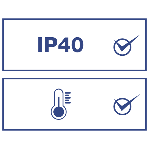 Dois ícones, representando diferentes características ou proteções. Texto IP40: Indica um nível específico de proteção de ingresso (IP) contra poeira e água. Termômetro: Significa resistência à temperatura.