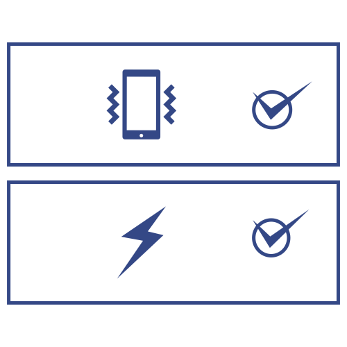 Dois ícones, representando diferentes características ou proteções. Dispositivo com Linhas de Vibração: indica resistência a vibrações ou choques. Raio: Representa resistência elétrica ou proteção contra surtos elétricos.