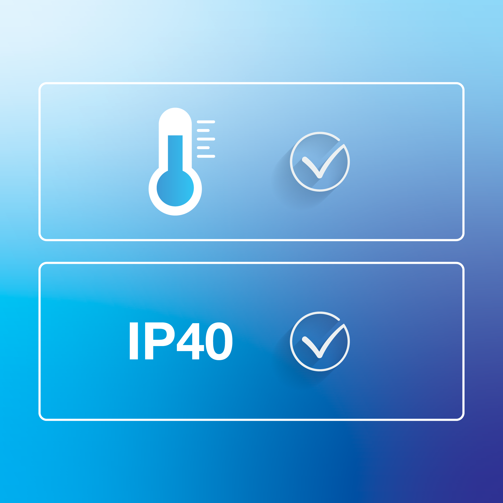 Two stacked rectangles on a gradient blue background; top section features a white thermometer icon with heat lines and a checkmark inside a circle, bottom section displays the text IP40 in white next to a matching checkmark symbol, indicating environmental compliance and ingress protection rating