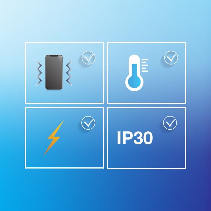 icons of phone, temperature, lightning & IP30.