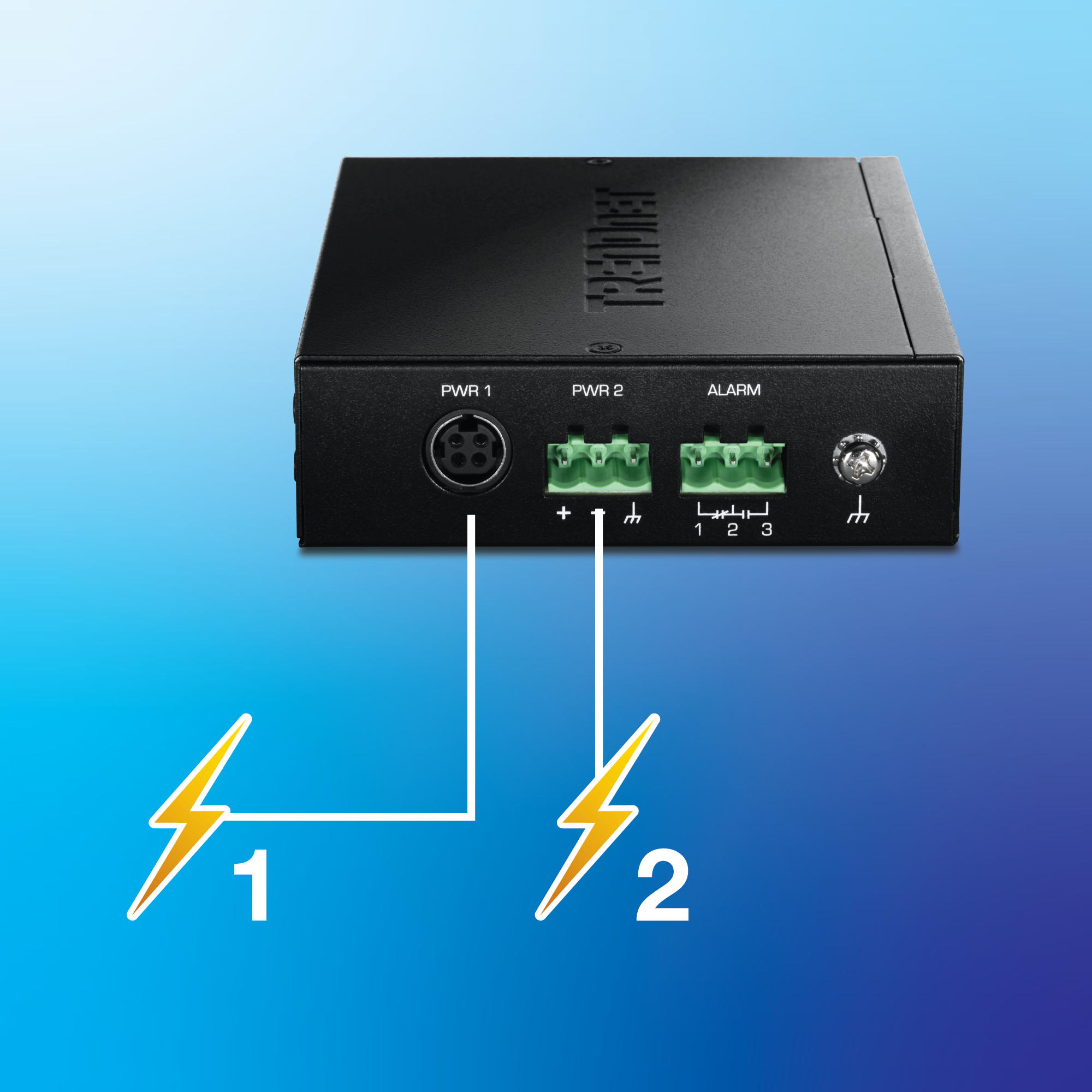 A DIN-Rail Switch with input power connections labeled ‘PWR1’ and ‘PWR2’, each marked with a lightning bolt symbol. An additional connection labeled ‘ALARM’ is also present.