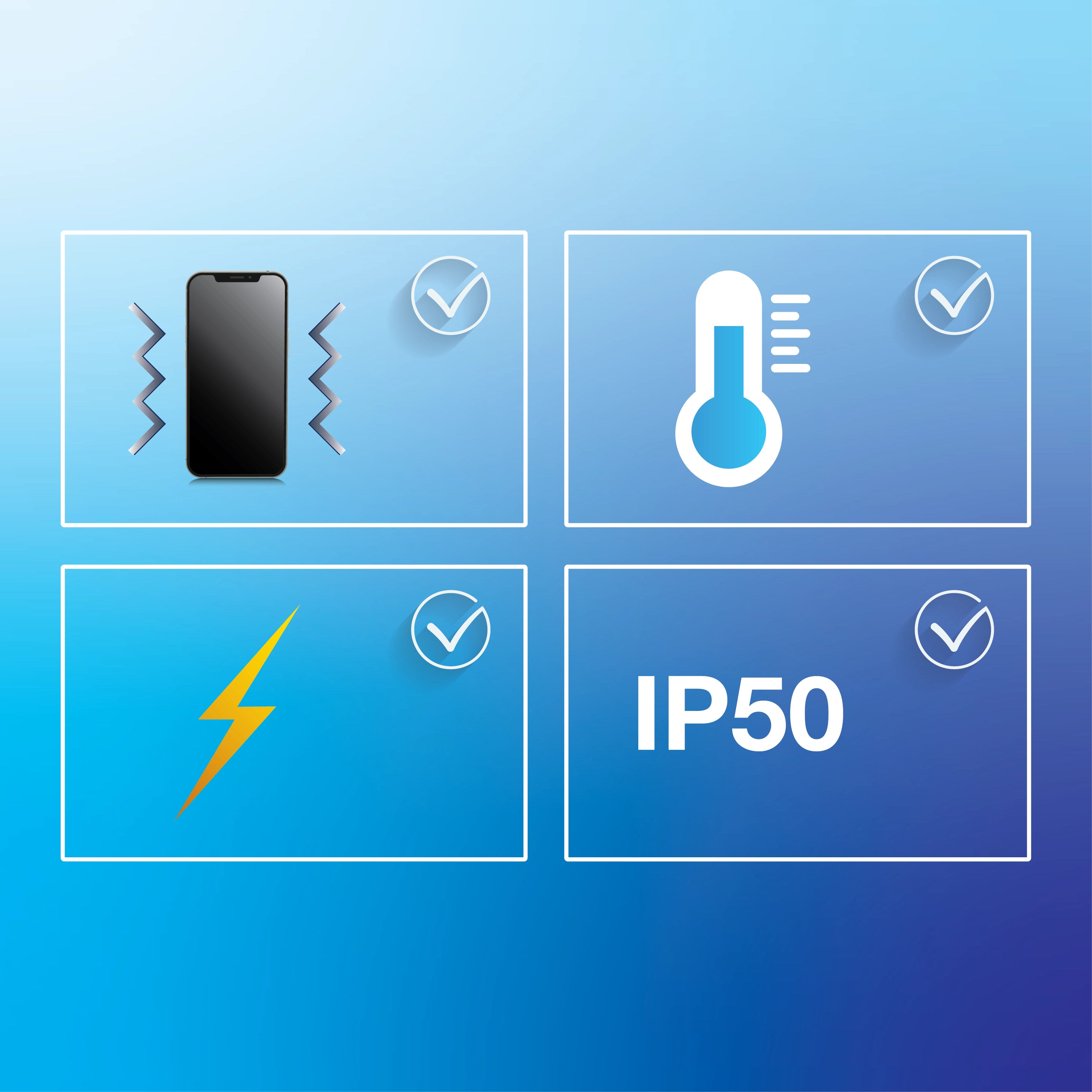 ícones de telefone, temperatura, relâmpago e IP50.