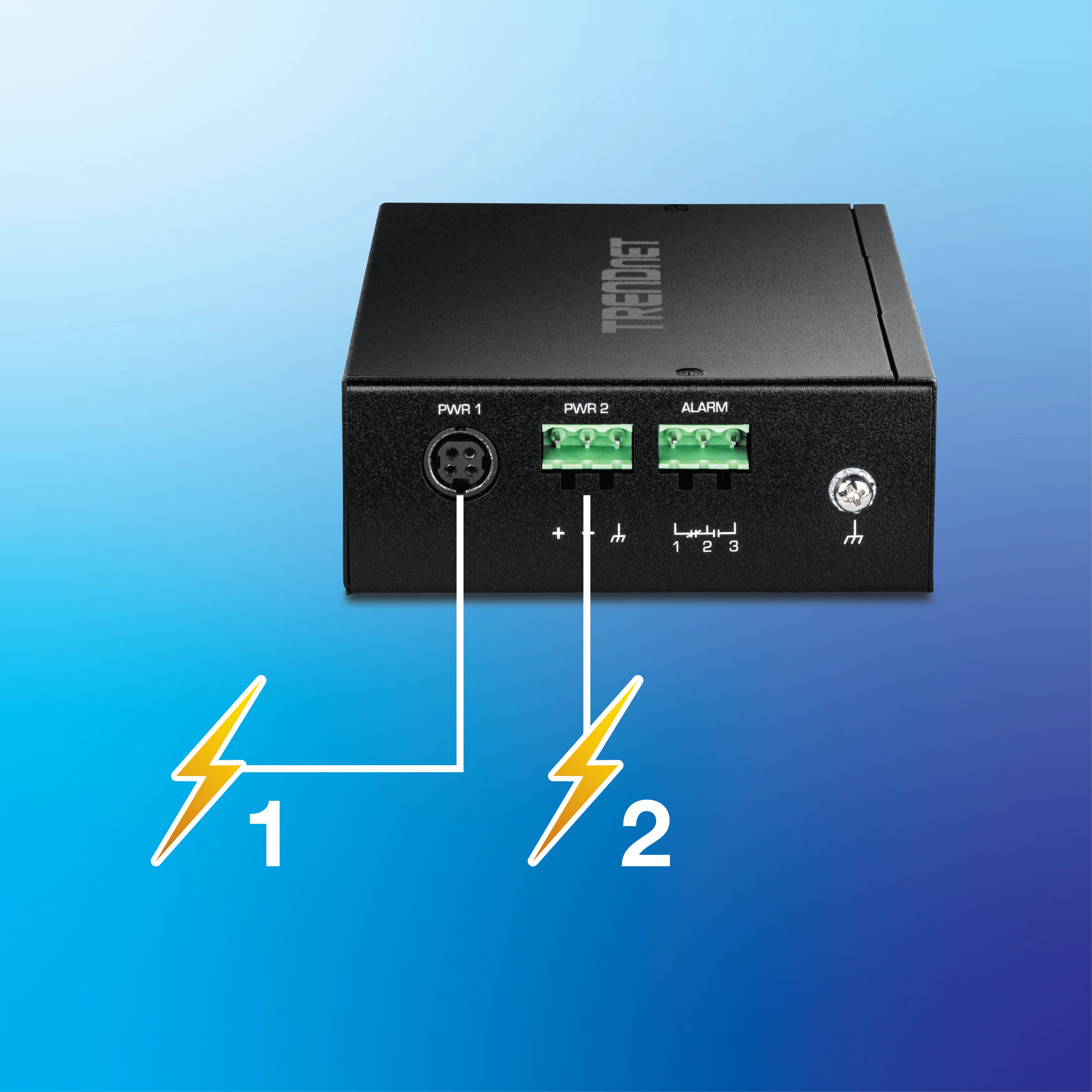 Vista traseira do switch industrial Gigabit 400W PoE++ DIN-Rail de 10 portas com um bloco de terminais verde, com conexões rotuladas para RLY, P2+, P1+ e terra. Uma luz vermelha é conectada ao terminal RLY e duas fontes de alimentação rotuladas como V2+ e V1+ são conectadas aos terminais P2+ e P1+.