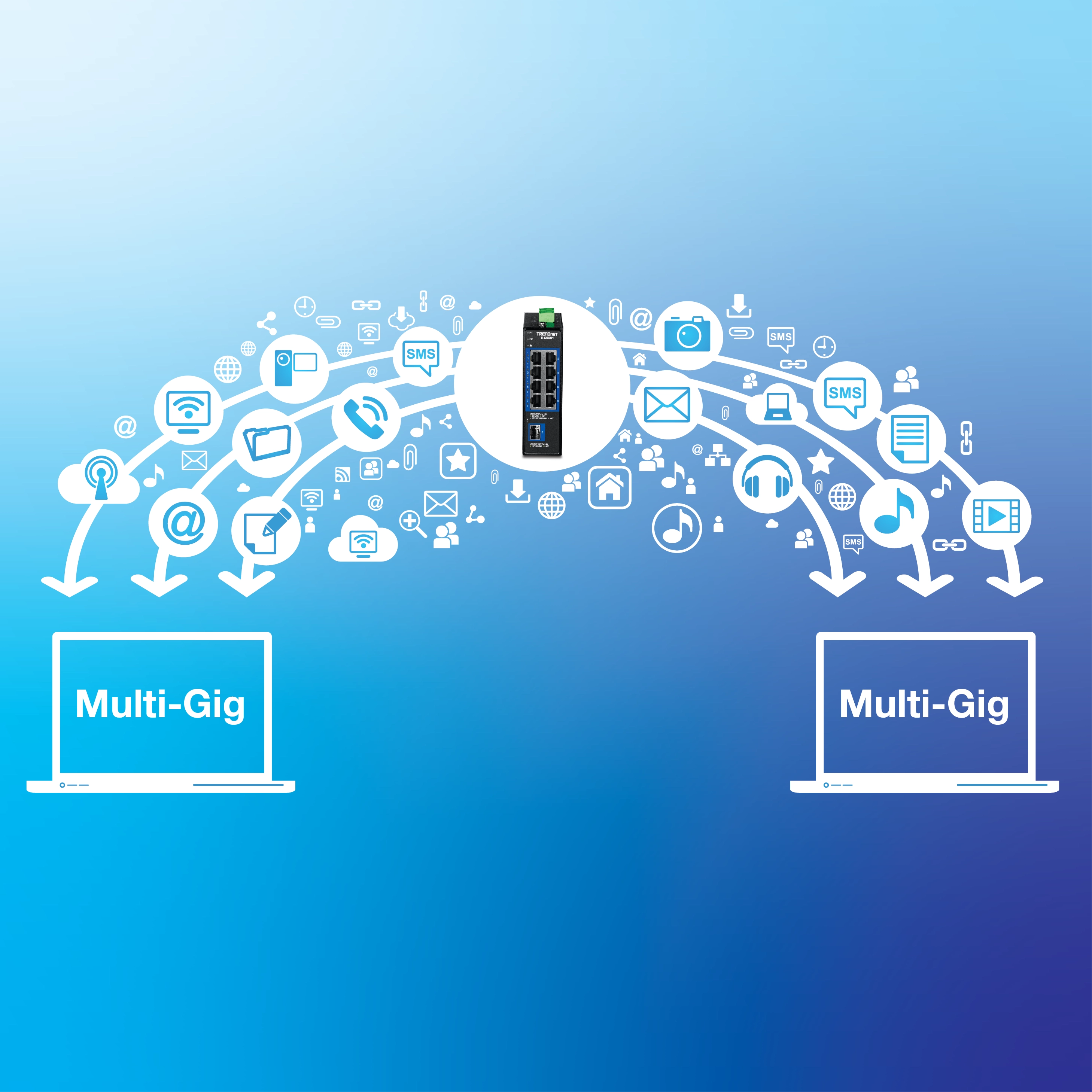10-Port Industrial Gigabit 400W PoE++ DIN-Rail Switch. It has multiple ports, including eight green PoE++ ports on the right and two blue 1G ports on the left. Two security cameras are connected to the switch via white lines with yellow lightning bolt symbols, indicating power and data transmission.