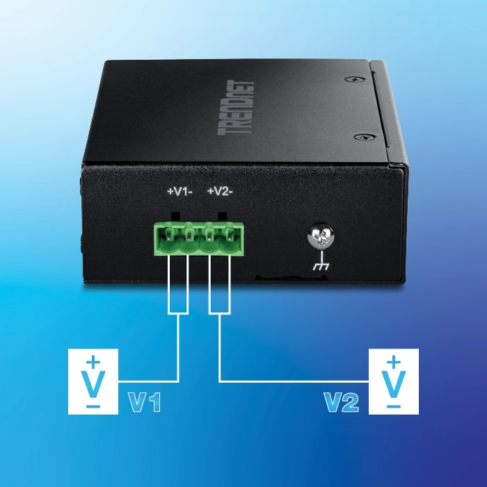 A black TRENDnet device with a green terminal block connector labeled +V1-, +V1-, +V2-, and +V2-. Two voltage symbols are shown below the terminal block, connected to V1 and V2.