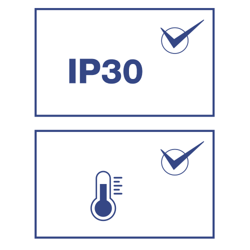 Dois ícones, representando diferentes características ou proteções. Texto “IP30”: Indica um nível específico de proteção de ingresso (IP) contra poeira e água. Termômetro: Significa resistência à temperatura.