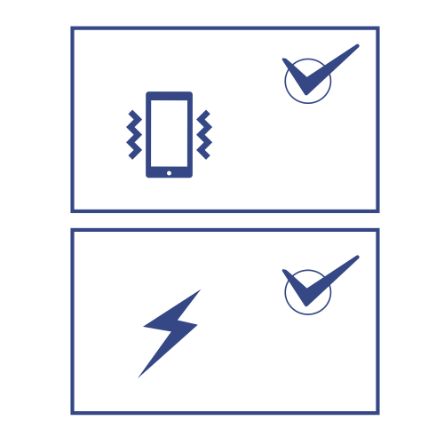 Dois ícones, representando diferentes características ou proteções. Dispositivo com Linhas de Vibração: indica resistência a vibrações ou choques. Raio: Representa resistência elétrica ou proteção contra surtos elétricos.