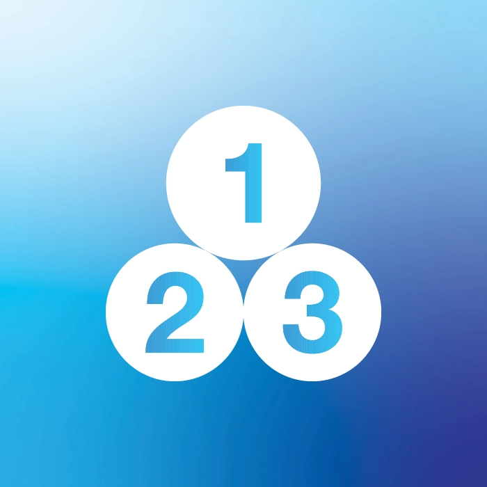 Three white circles arranged in a triangular formation. The top circle contains the number one in blue, while the bottom left and right circles contain the numbers two and three in blue.