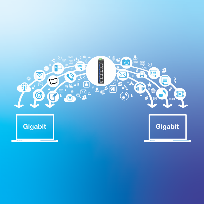 Dispositivo de rede que facilita a transferência de dados gigabit entre dois laptops, com ícones que representam vários tipos de dados, como e-mail, música e vídeo.
